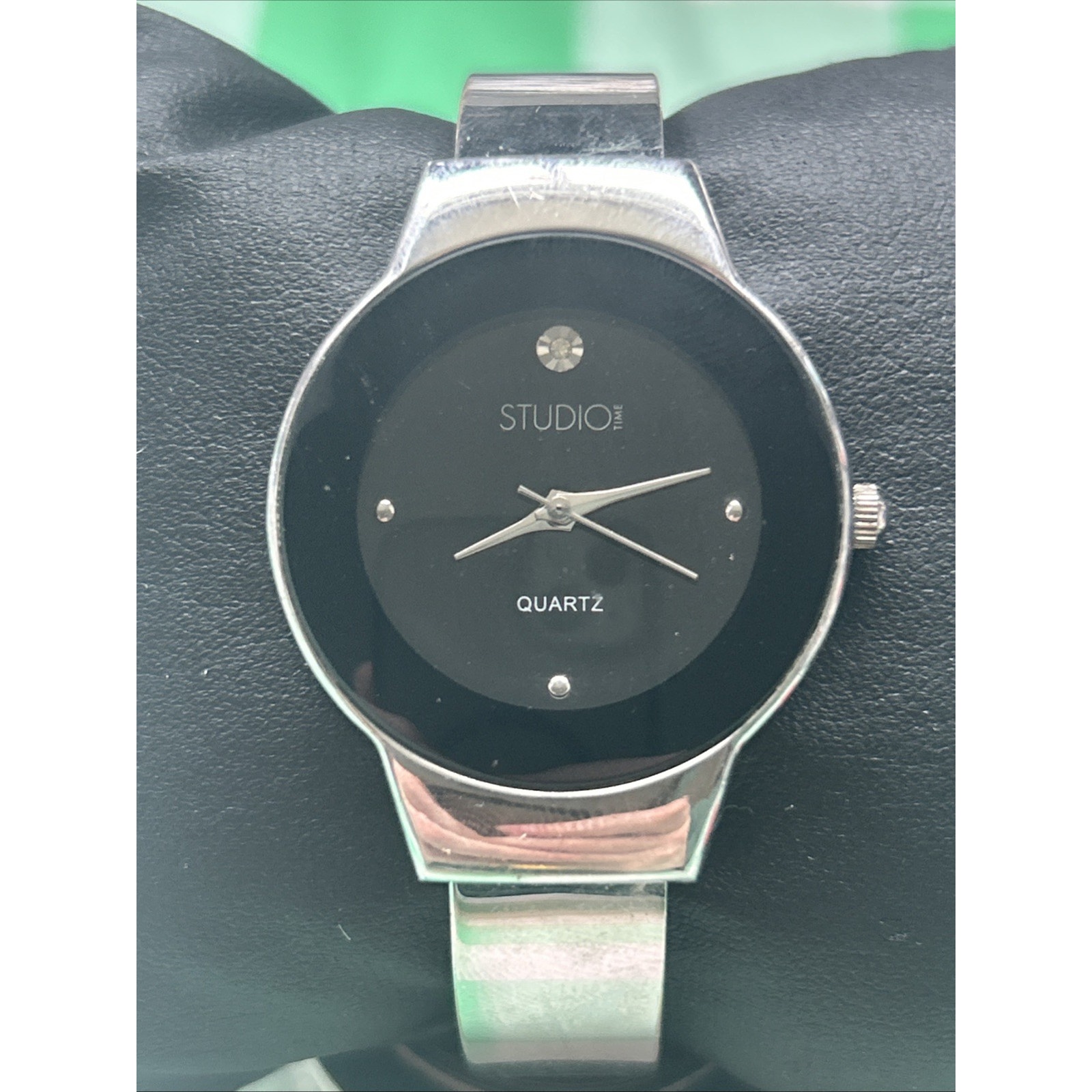 Studio Time Silver Tone Black Dial Womens Cuff Watch